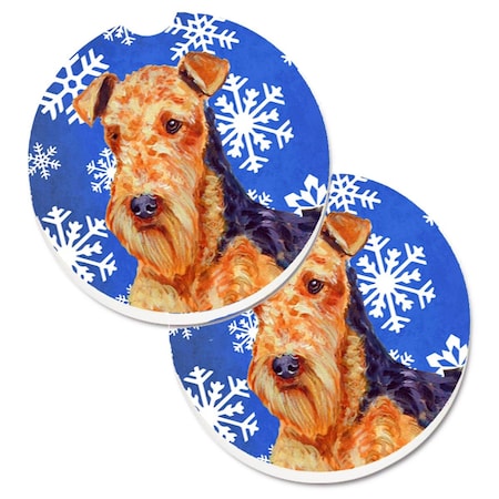 Carolines Treasures Airedale Winter Snowflakes Holiday  Cup Holder Car Coaster, PK2 LH9291CARC
